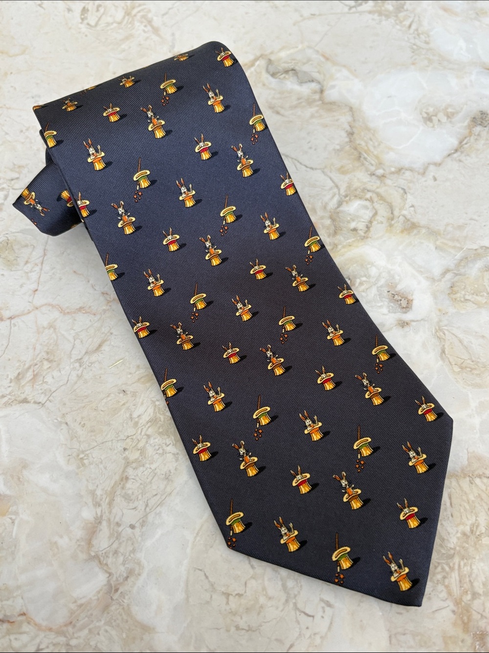 Salvatore Ferragamo Silk Novelty Rabbit in Hat Tie Gray Made in Italy w/ Box
